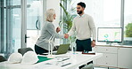 Employee, architect and laptop in office with hand shake on meeting for project, teamwork and collaboration. Business, boss and mentor with smile in boardroom at workplace for planning and strategy