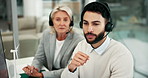 Team, headset and telemarketing in office with computer, success and collaboration in agency. Man, woman and together with technology for communication, crm and customer support in consultation
