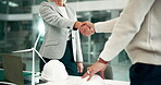 Deal, handshake and project management with business people in construction office for b2b partnership. Building, contract or meeting with architect and engineer shaking hands at work for thank you