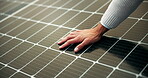 Man, hand and inspection of solar panel outdoor for renewable energy, installation safety and check electric voltage. Person, engineer and power plant service, sustainable and photovoltaic roof grid