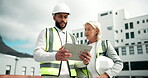 Team, architecture and tablet on building for planning, ideas and strategy outdoors. Man, woman and engineering with technology for construction, discussion and project management on rooftop