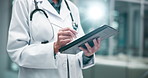 Tablet, pen and hands of doctor in hospital for research on treatment, diagnosis or cure. Online, career and closeup of healthcare worker with digital technology for telehealth in medical clinic.