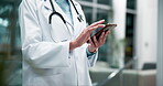 Doctor, smartphone and scroll in hospital for research, communication or healthcare development news. Woman, phone and typing in clinic for electronic medical record, telehealth and mobile health app