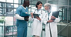 Healthcare, insurance and teamwork with people in hospital for consulting or discussion together. Documents, medical or tablet for research with doctors and nurse talking in clinic for collaboration