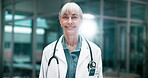 Portrait, doctor and mature woman in hospital, outdoor and happy with healthcare, science and stethoscope. Smile, face and medical professional with equipment of wellness, specialist and confidence