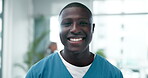 Nurse, face and happy in hospital as medical worker for healthcare, nursing and patient with adn. Black man, smile and job in health facility with experience for wellness, medicine and expert service