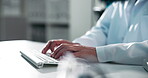 Scientist, hands and typing on computer for research report and development in cancer medical trial. Science person or cell biologist working online or writing article on DNA synthesis in laboratory