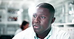 Laboratory, thinking and black man at computer reading research for education study in biotechnology. Check, online or scientist search for solution or information on internet for science project