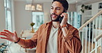Home, phone call and man with smile, communication and connection with network, discussion and talking. Apartment, person and guy with cellphone, digital app and conversation with contact or speaking