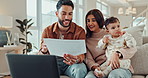 Laptop, baby and home with mom, dad and paperwork for insurance and investment document. Love, care and father with contract and website with family and computer in a living room with reading