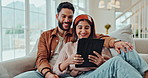 Home, relax and couple on couch, tablet and typing with social media, connection and bonding together. Apartment, man and woman on sofa, tech and comedy video with digital app, happiness and network