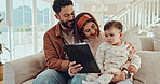 Tablet, baby and home with mom, dad and video for education, learning and youth development. Love, care and father with cartoon and website series with family and computer in living room with movie