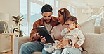 Tablet, baby and family home with dad and video for education, learning and youth development. Love, care and father with kid cartoon and website series with tech and app in living room with movie