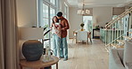 Couple, hug and new home with love, care and property investment in a lounge with marriage. Living room, view and morning in a house with smile and happy people together with romance and trust