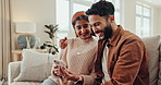 Happy, selfie and couple with phone on sofa for online post, social media and bonding on weekend. Dating, home and man and woman on smartphone for pictures, memory and relax together in living room