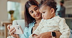 Mom, baby and phone with video in a family home for education, learning and development growth. Online, mobile app and couch in a living room with child cartoon and mother smile on the internet