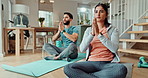 Couple, yoga and peace on floor in home with namaste, vision and mudra for mindfulness in living room. Woman, man and meditation with balance, zen or breathing for health, chakra or training in house