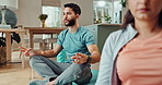 Yoga, meditation and couple in home in lotus pose for wellness, healthy body and mindfulness. Pilates, mental health and man and woman breathing for calm exercise, peace and spiritual awareness