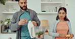 Couple, home and smoothie in kitchen for health, fruit drink and nutrition wellness and diet together. Relationship, milk and calcium with vitamins in blender, detox and meal replacement for people