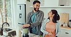 Home, smoothie and couple in kitchen with drink for health, wellness and detox after workout. Dating, fitness and man and woman with vegetables or fruit for green juice, protein shake and milkshake