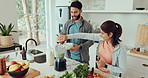 Blender, smoothie and couple in kitchen with fruit for health, wellness and detox after workout. Dating, home and man and woman with vegetables and honey for green juice, protein shake and milkshake