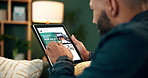 Real estate, screen and man hands with tablet on sofa for ecommerce, property or sale newsletter sign up at home. Mortgage, loan and customer in living room with digital, planning or online shopping