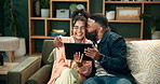 Love, kiss and couple on sofa with tablet excited for news, feedback or house loan approval. Digital, ecommerce and people embrace in living room online for home renovation, planning or mortgage deal