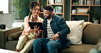 Happy, couple and tablet on couch in home, people and man smile with woman showing ecommerce post. Living room, relationship and bonding or relax online shopping, communication and together for meme