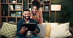 People, tablet and video call on sofa with couple, waving and happy greeting for social media communication together. Connection, virtual conversation and smile online or relationship in apartment