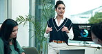 Business people, presentation or woman with speech for results, research or charts for revenue growth. Analyst, screen or speaker talking for coaching, teaching or training meeting for sales report