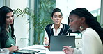 Business woman, discussion and statistics for financial report, review and collaboration. Communication, brainstorming and company growth strategy, graphs and charts with group for project planning