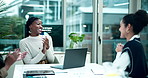 Applause, business women and team celebration for success, support and goal achievement on laptop. Happy group, clapping hands and laughing together for winning bonus, promotion or cheers in office
