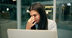 Business woman, eye strain and fatigue with burnout and working night, stress migraine and mental health. Female employee at desk, overtime and exhausted, overworked and tired, headache and brain fog