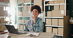 Delivery, laptop and face of woman with box for shipping, distribution and courier service. Ecommerce, small business and portrait of person with computer for supply chain, logistics and online order
