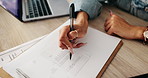 Woman, hands and writing with clipboard for checklist, inventory or checking stock in logistics on desk. Closeup of female person or business owner filling form for shipment, distribution or boxes