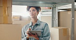 Business woman, logistics and checking stock with tablet for inventory or counting boxes at store. Female person or owner with checklist of package, parcel or shipment for order, delivery or cargo
