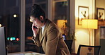 Business woman, discussion and night with phone call for proposal or report on computer at office. Female person, consultant talking or working late on mobile smartphone for conversation at workplace