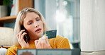 Woman, laptop and phone call with credit card for fraud, wrong transaction or mistake at home. Frustrated female person or shopper listening on mobile smartphone for online shopping, help or advice