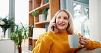 Happy woman, phone call and relax with coffee on sofa for morning, conversation or communication at home. Young female person talking with smile and warm beverage on mobile smartphone for discussion