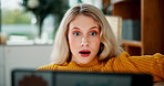 House, surprise and woman with laptop, wow and email notification with mistake, expression and reaction. Person, apartment and girl with computer, emoji and shocked for online news and announcement