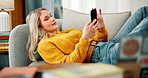 Relax, home and woman with phone on sofa for online chatting, communication and networking. Relax, living room and person on break for remote work on smartphone for social media, website and internet