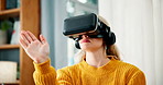 Virtual reality, woman or glasses with interaction in home for user experience, gaming entertainment or metaverse. girl, vr headset or gadget for futuristic exploration with 3D swipe or cyber fantasy