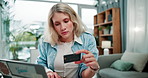 Woman, laptop and credit card for online shopping, ecommerce and virtual store or website subscription. Entrepreneur, tech and digital payment for dropshipping startup, b2b and fintech app in house