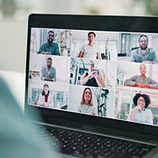 Connection, laptop screen and person for virtual meeting with talking ...