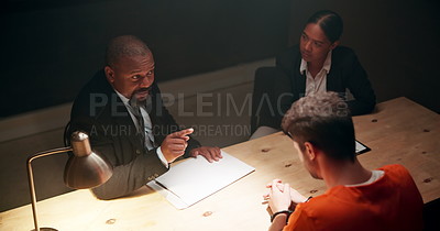 Interrogation, people and criminal with detective talking, injustice ...