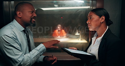 Detective people, tablet and police talking for investigation ...
