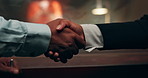 Hands, handshake and deal in interrogation room for partnership, welcome and agreement. Detective, thank you or hand gesture at window for security, support and contract or teamwork in investigation