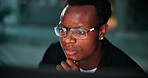 Face, black men and computer in office at night for overtime, deadline and online research as programmer or coder. Employee, thinking and serious with glasses for software update and digital data