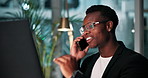 Black man, business and night with phone call for conversation, proposal or online advice at office. Young African, accountant or financial advisor talking late on mobile smartphone for budget help