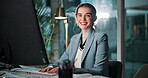 Portrait, woman and happy in office with computer at night for online research, internship and career growth. Female person, employee and smile with pc at work on desk as programmer or coder